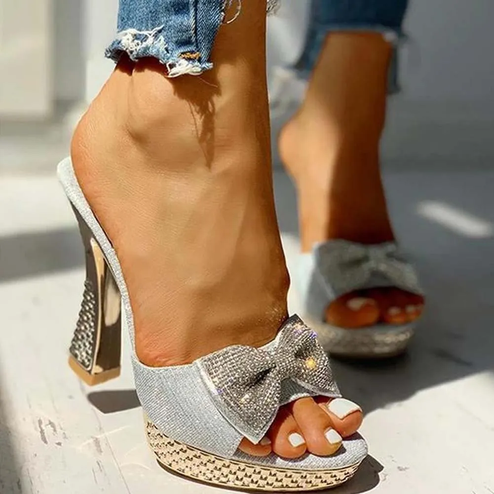 Amozae-  Trendy Fashion Female Bowknot   Slippers   Summer Slippers Women Platform Crystal Thick High Heels Shoes Woman