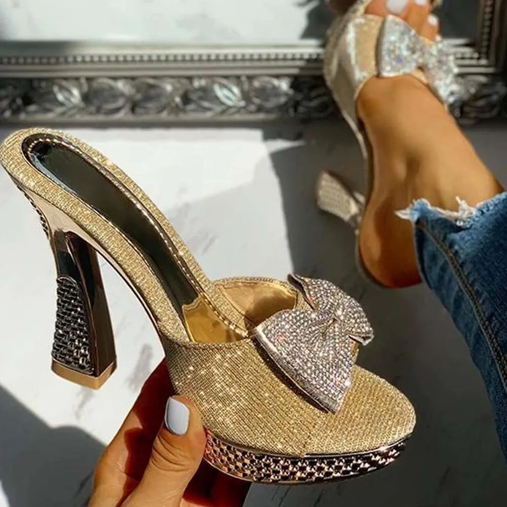 Amozae-  Trendy Fashion Female Bowknot   Slippers   Summer Slippers Women Platform Crystal Thick High Heels Shoes Woman