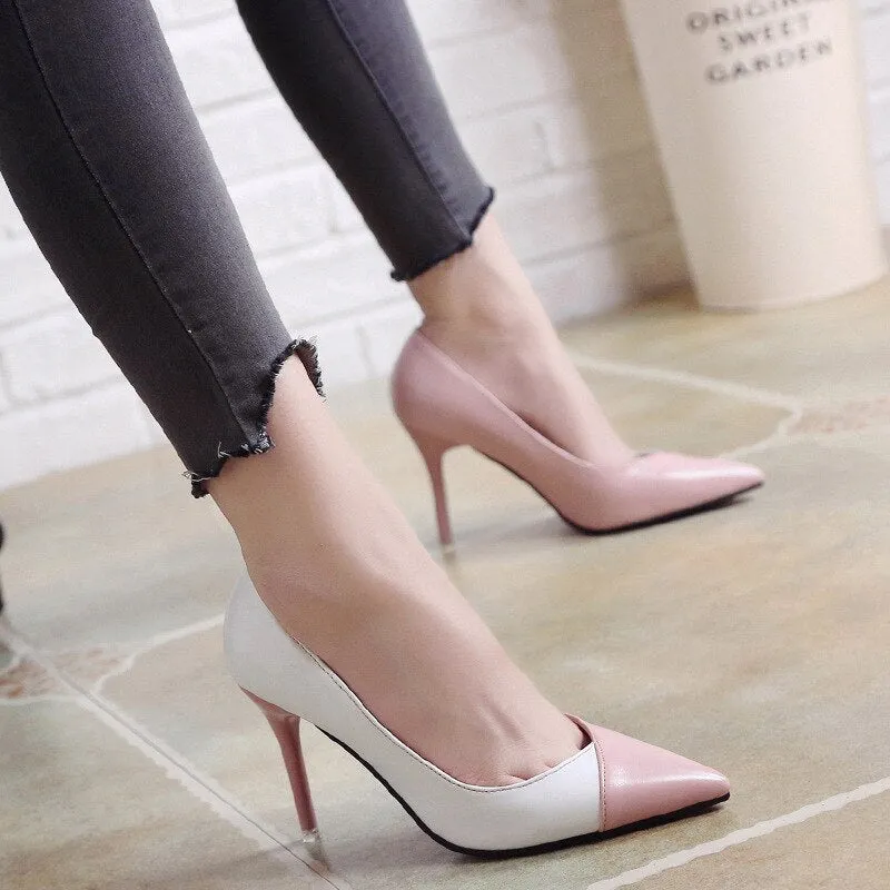 Amozae-    Women Pumps OL Fashion Spell Color High Heels Single Shoes Female Spring Summer Patent Leather Wedding Party Shoes Woman