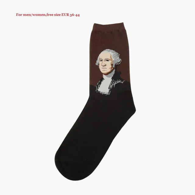 Dropshipping New Fashion Cotton Art Oil Painting Harajuku Washington Davi Male Female Cupid Retro Style women socks Men Socks