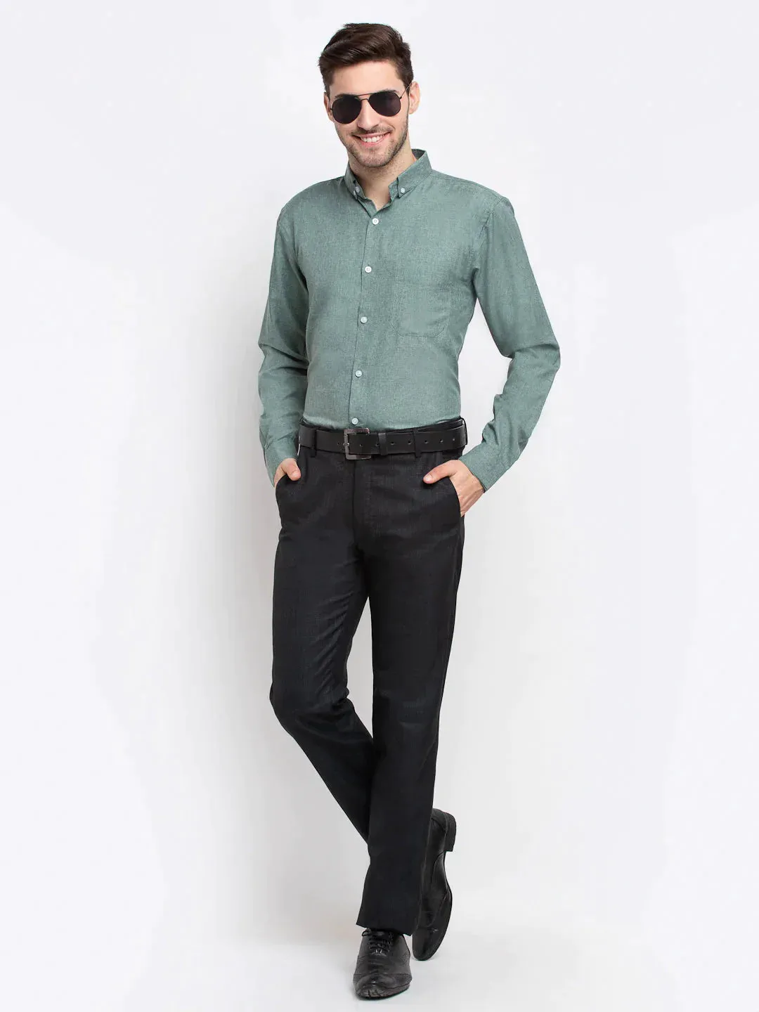 Green Men'S Button Down Collar Cotton Formal Shirt