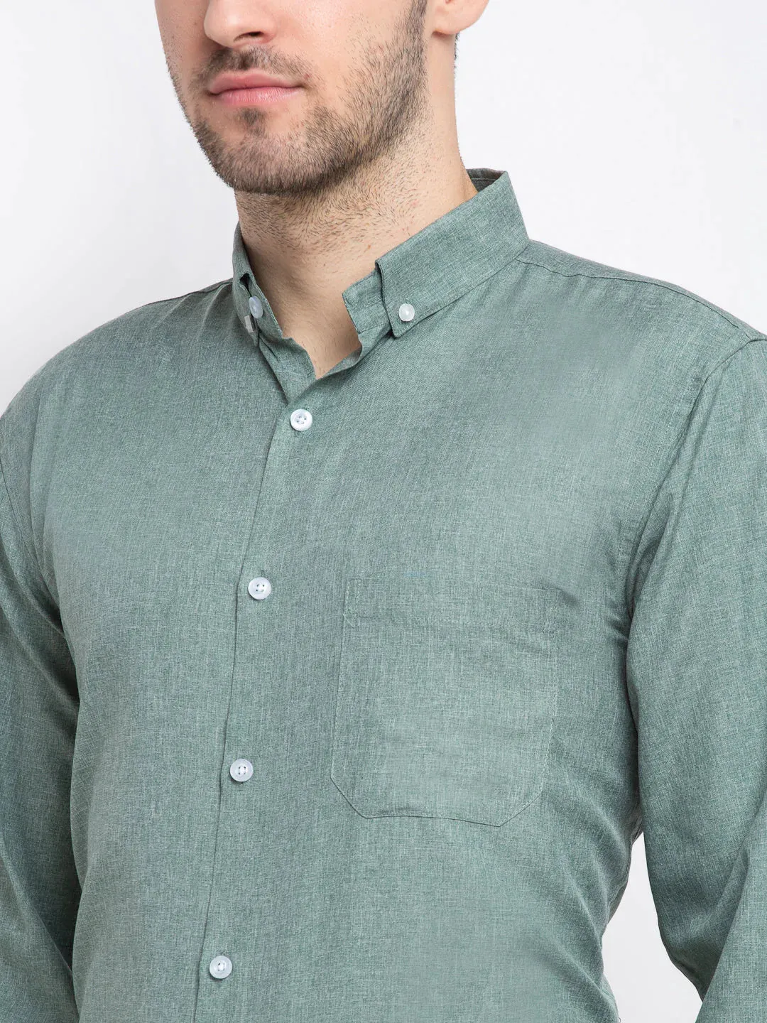 Green Men'S Button Down Collar Cotton Formal Shirt