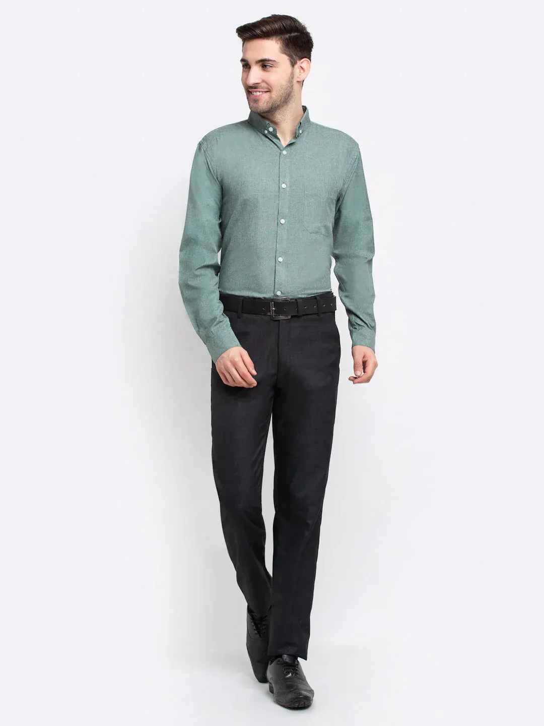 Green Men'S Button Down Collar Cotton Formal Shirt