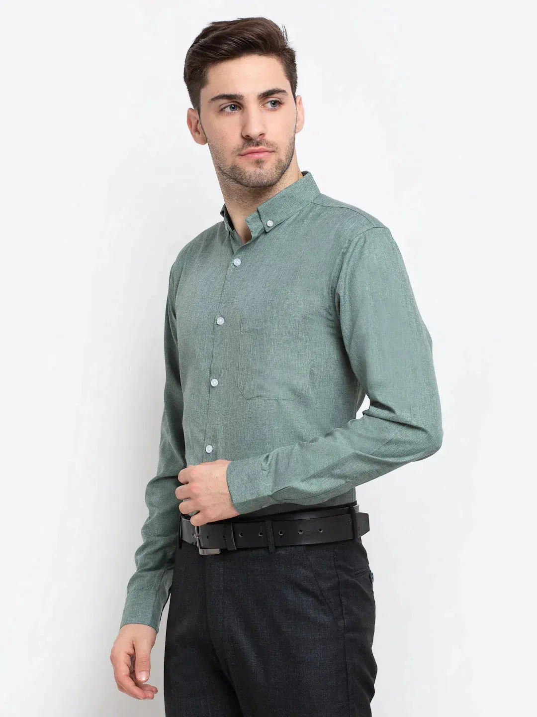 Green Men'S Button Down Collar Cotton Formal Shirt