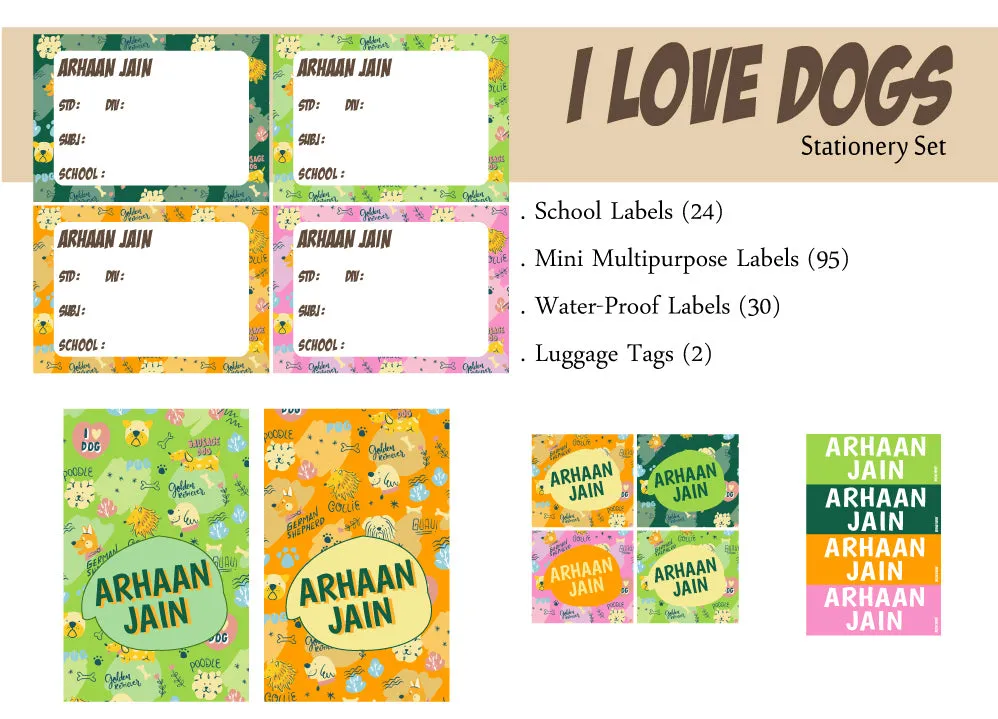 Label Set - I Love Dogs, 146 labels and 2 bag tags