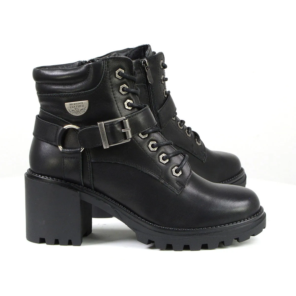 MBL9316 Women's Black Leather Lace Front Boot with Harness Ring