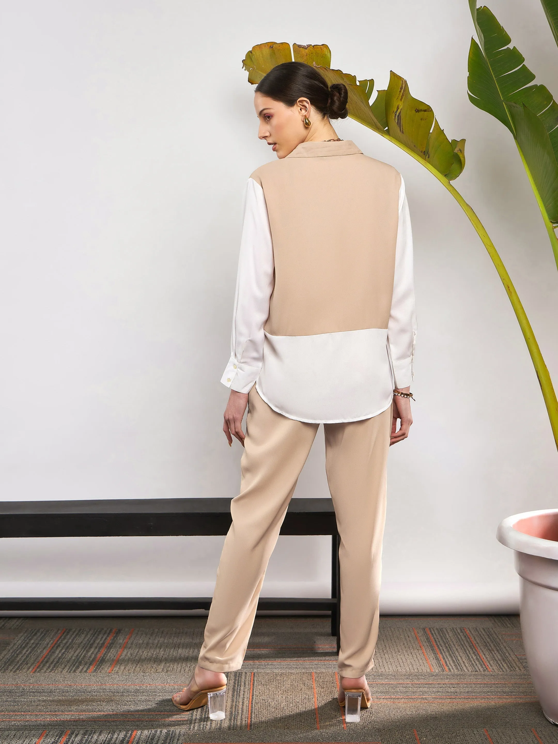 Women Beige & White Colorblock Shirt With Darted Pants