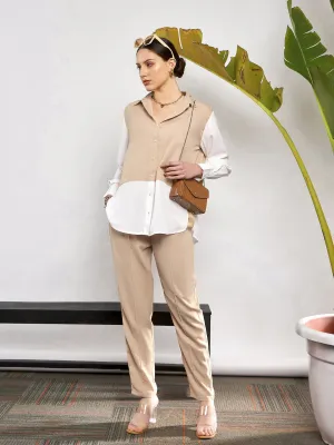 Women Beige & White Colorblock Shirt With Darted Pants