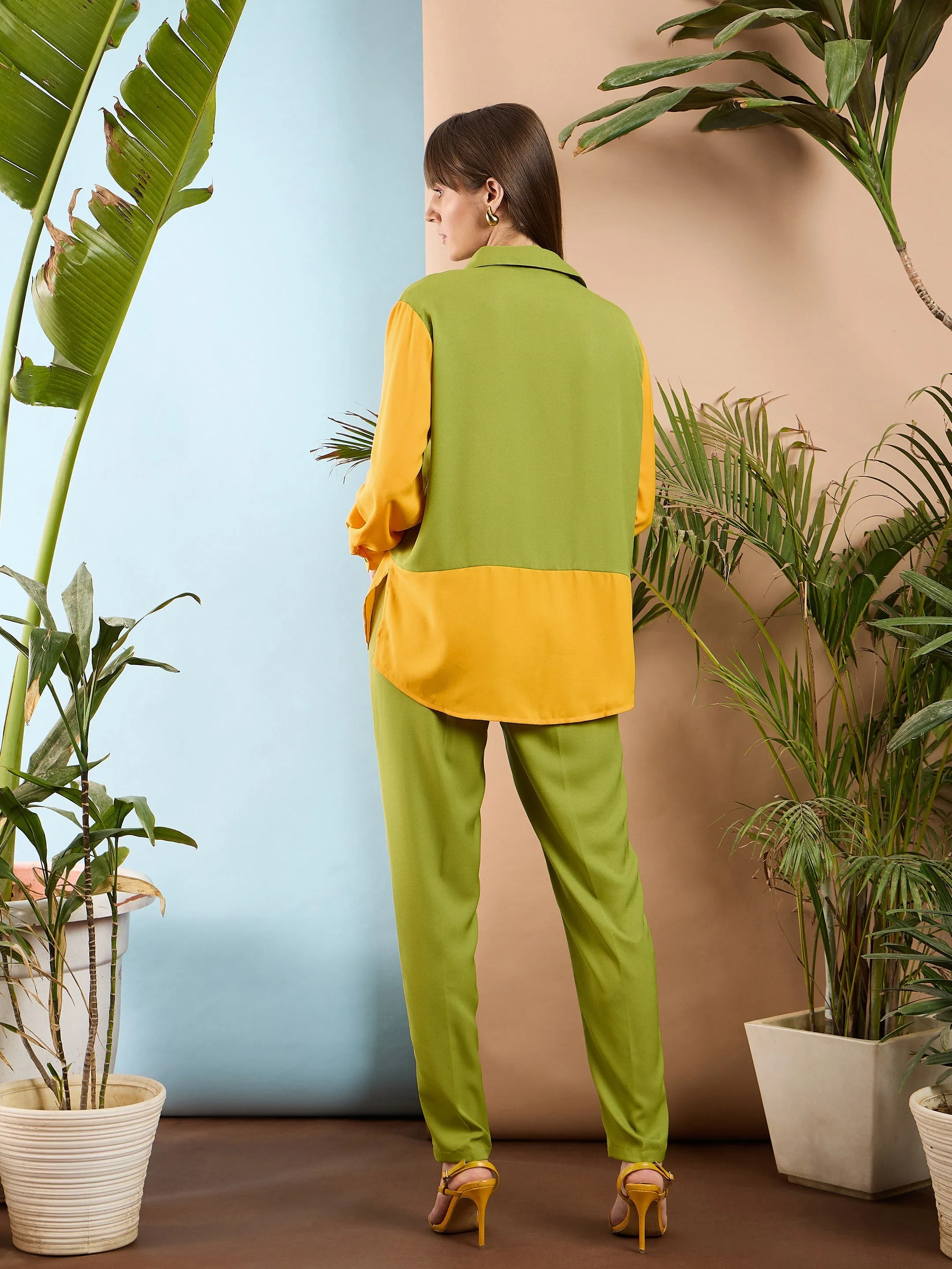 Women Olive & Yellow Colorblock Shirt With Darted Pants
